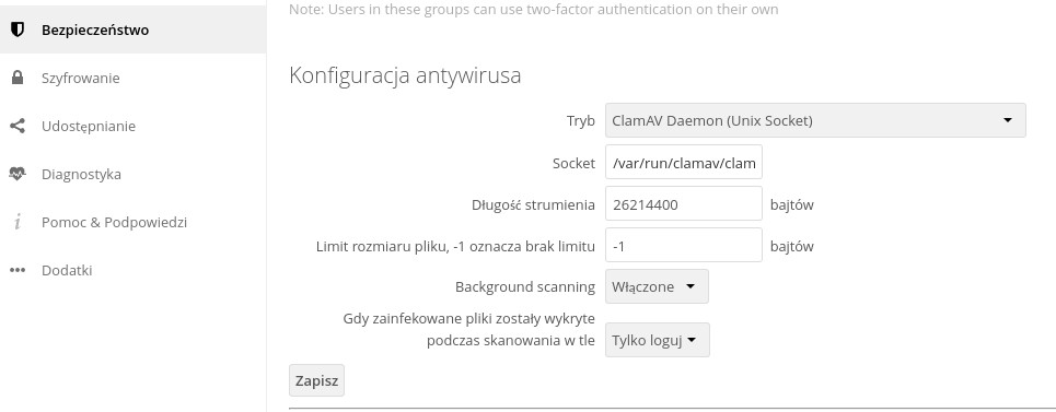 Ustawienia Bezpieczeństwo Konfiguracja OwnCloud