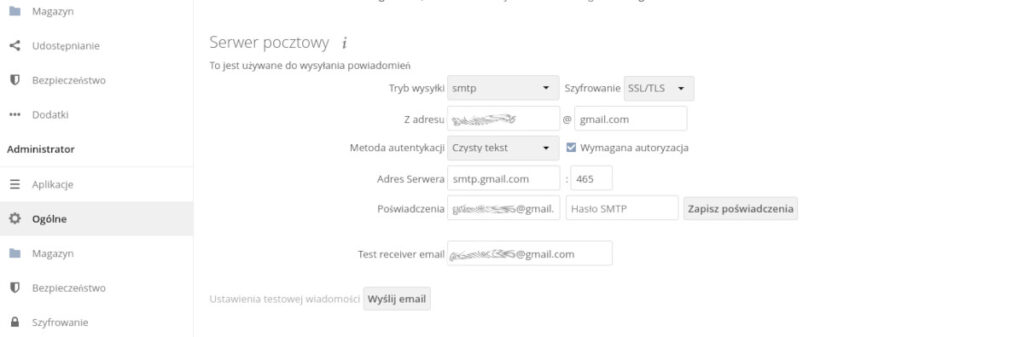 Ustawienia ogólne Konfiguracja OwnCloud pod własny NAS